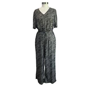 By Clara Paris Black White Floral Jumpsuit Wide Leg Romper Size L Boho